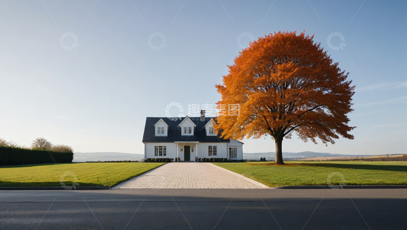 高清大图下载【趣麦麦图】郊外独栋房屋与秋日大树景观