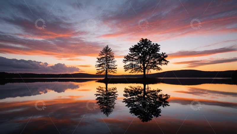 高清大图下载【趣麦麦图】湖畔双树日出倒影景象