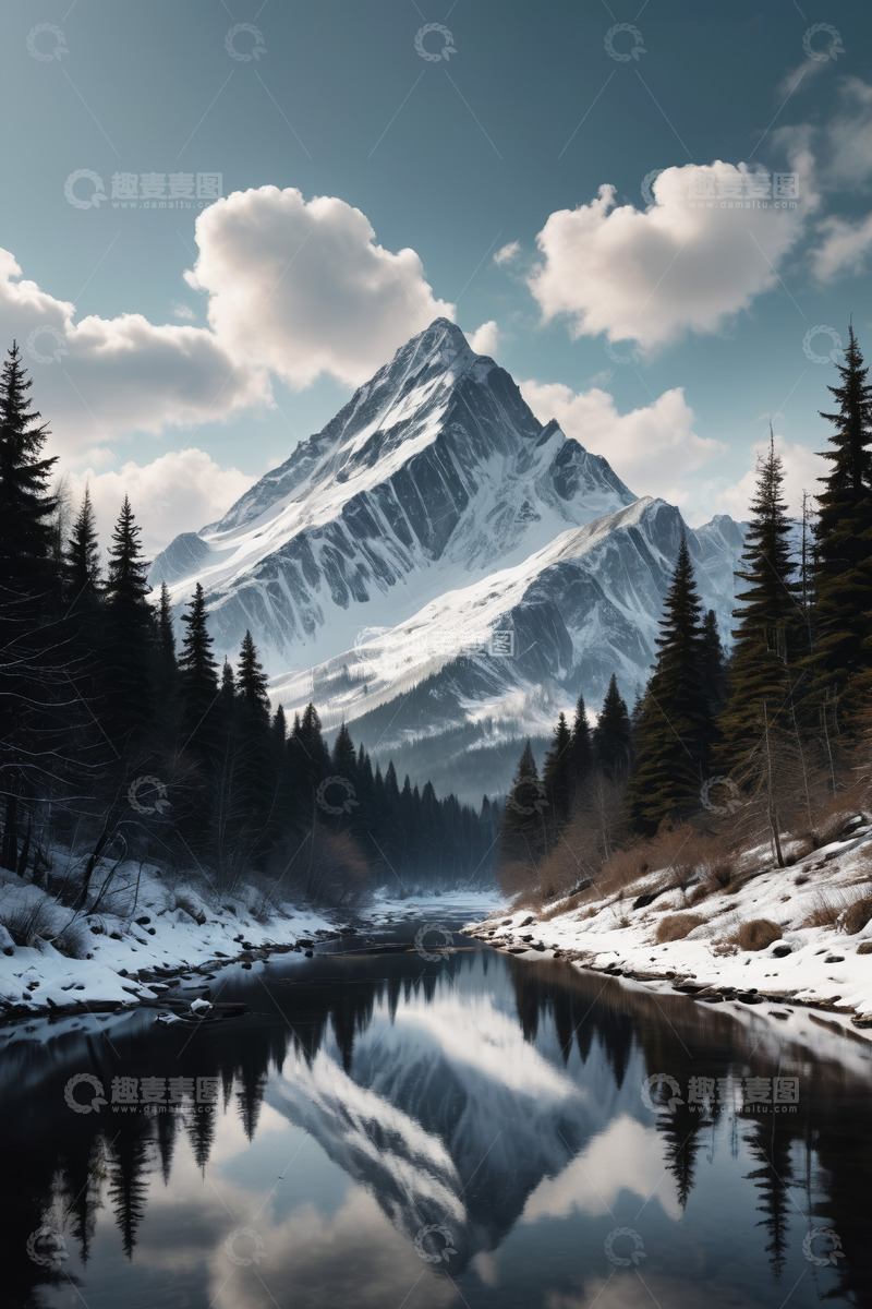 高清大图下载【趣麦麦图】雪山森林河流自然景观