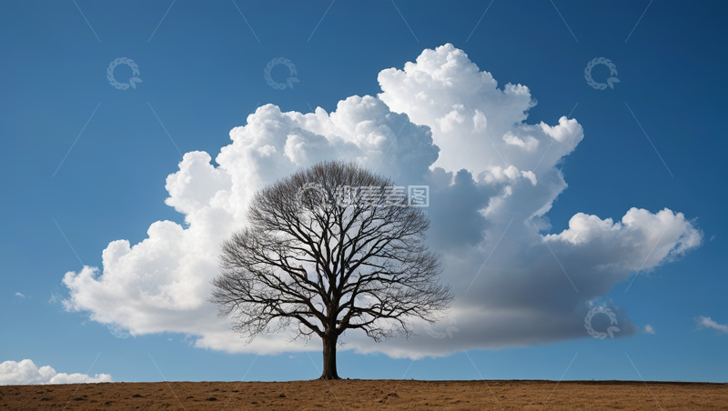 高清大图下载【趣麦麦图】旷野中孤树与白云蓝天景象