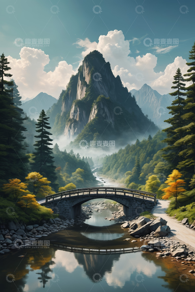 高清大图下载【趣麦麦图】山间石桥与葱郁山林风景