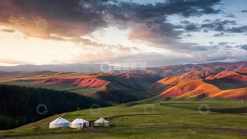 高清大图下载【趣麦麦图】草原日落蒙古包风光