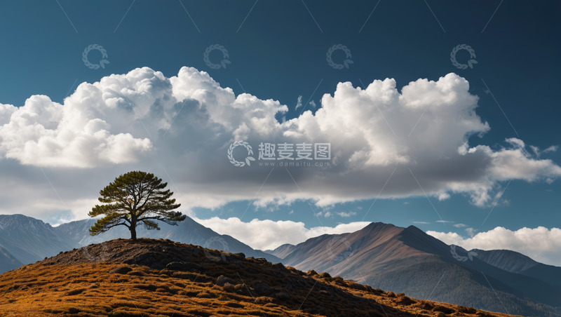 高清大图下载【趣麦麦图】山顶孤树与远山云海景观