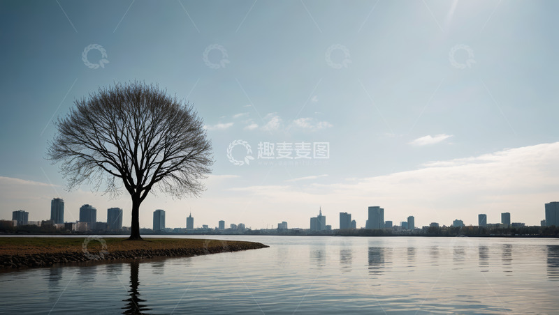 高清大图下载【趣麦麦图】湖畔孤树与远处城市景观