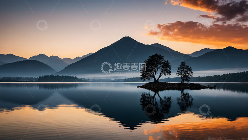 高清大图下载【趣麦麦图】湖畔日出时的山水与孤树景观