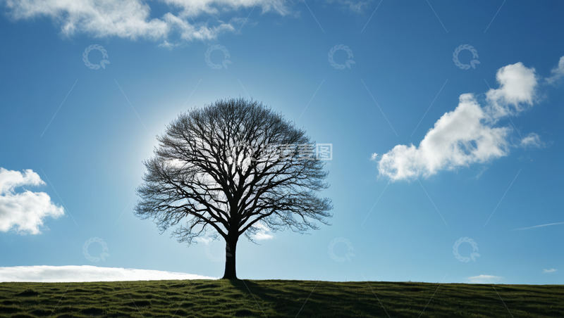 高清大图下载【趣麦麦图】蓝天下孤树立于草地