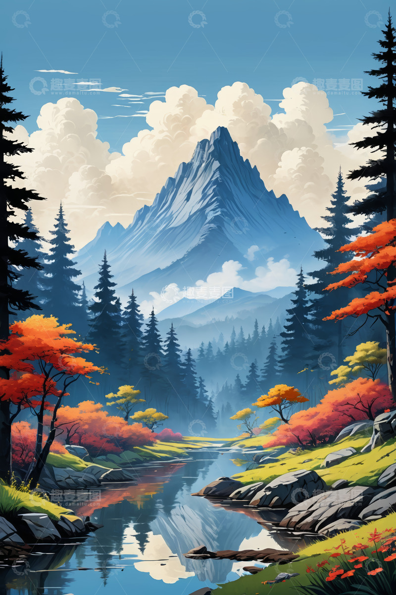 高清大图下载【趣麦麦图】山林间河流与多彩树木风景