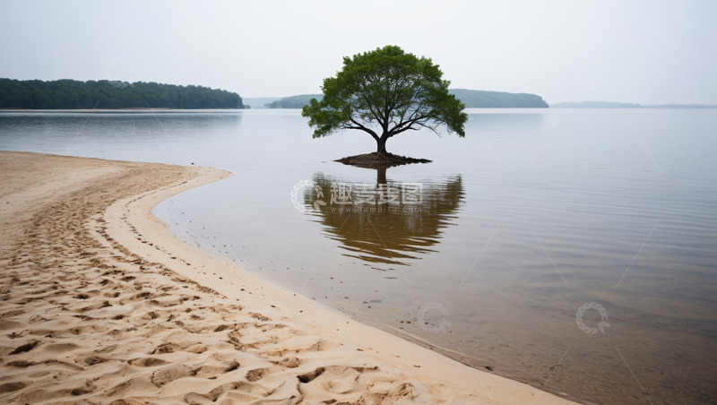 高清大图下载【趣麦麦图】湖边孤树沙滩自然风光