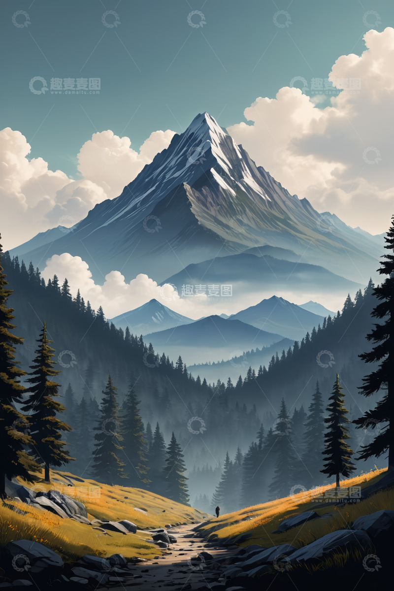 高清大图下载【趣麦麦图】山间森林与远山峰景