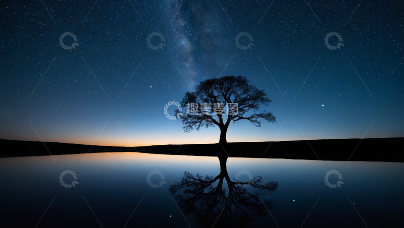 高清大图下载【趣麦麦图】夜空下孤树倒影静谧景色