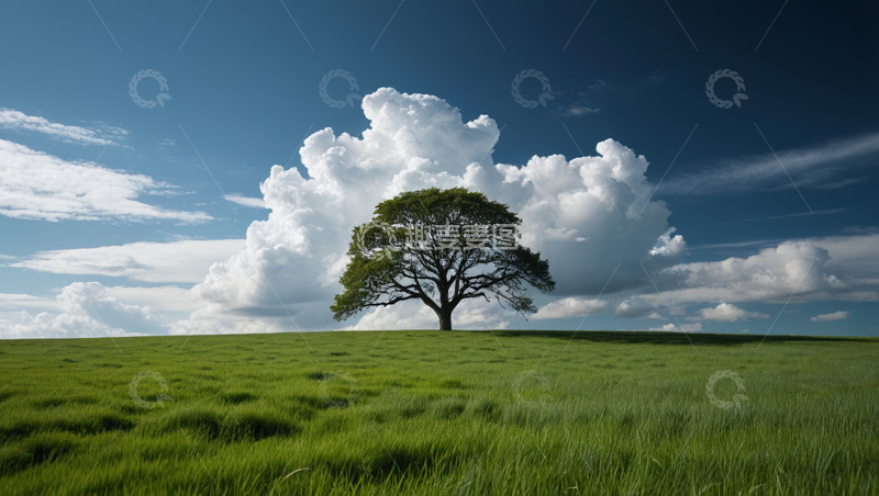 高清大图下载【趣麦麦图】草原上的孤树与蓝天白云