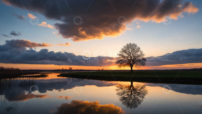 高清大图下载【趣麦麦图】夕阳下湖边孤树风景