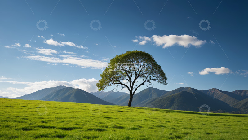 高清大图下载【趣麦麦图】草原上的孤树与远山风景