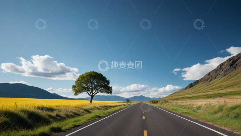高清大图下载【趣麦麦图】田野间公路旁的孤树风景