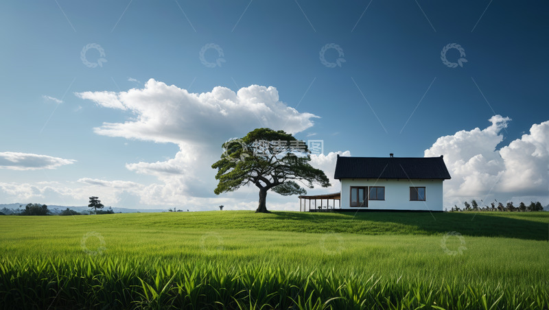 高清大图下载【趣麦麦图】草原上的小屋与孤树景观