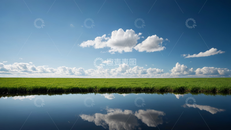 高清大图下载【趣麦麦图】蓝天白云下的草原与湖面景观
