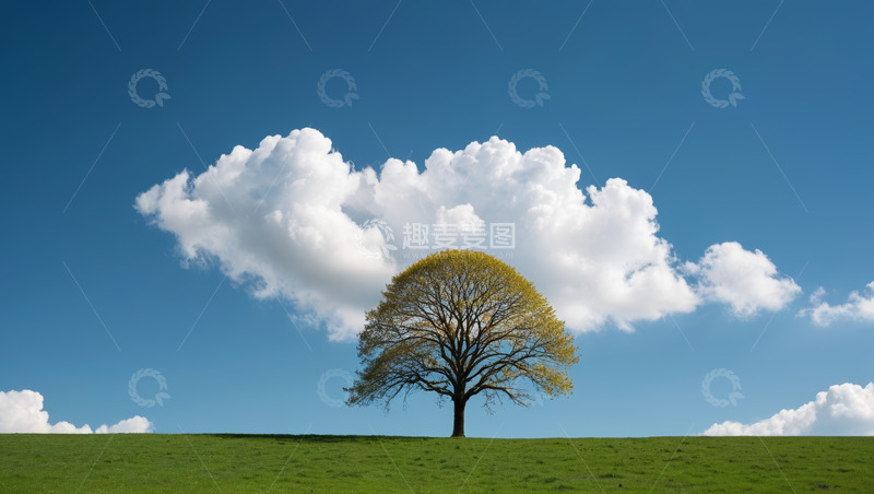 高清大图下载【趣麦麦图】绿草地上孤树与蓝天白云景象