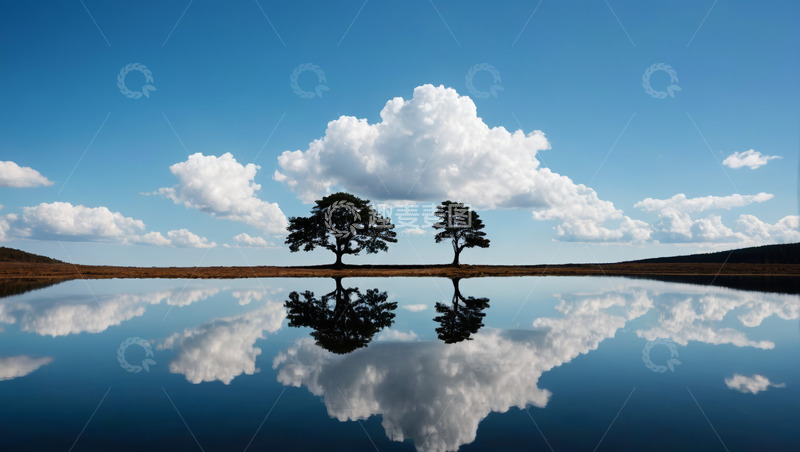 高清大图下载【趣麦麦图】蓝天白云下树木倒影湖面景观