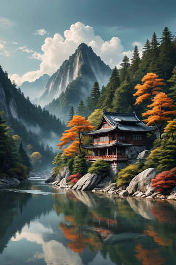 山水间中式古建筑风景