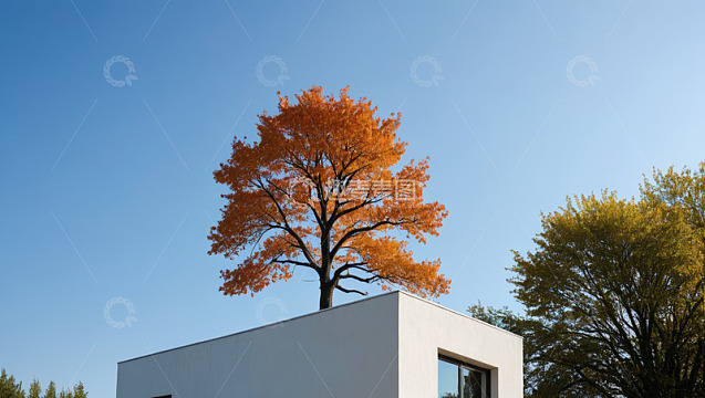 秋日白建筑上的橙树景观