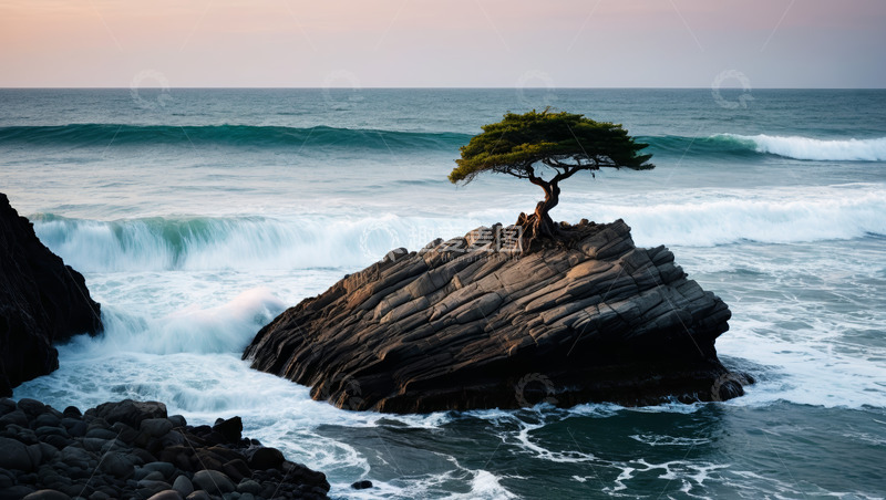高清大图下载【趣麦麦图】海边岩石上的孤树与海浪景观