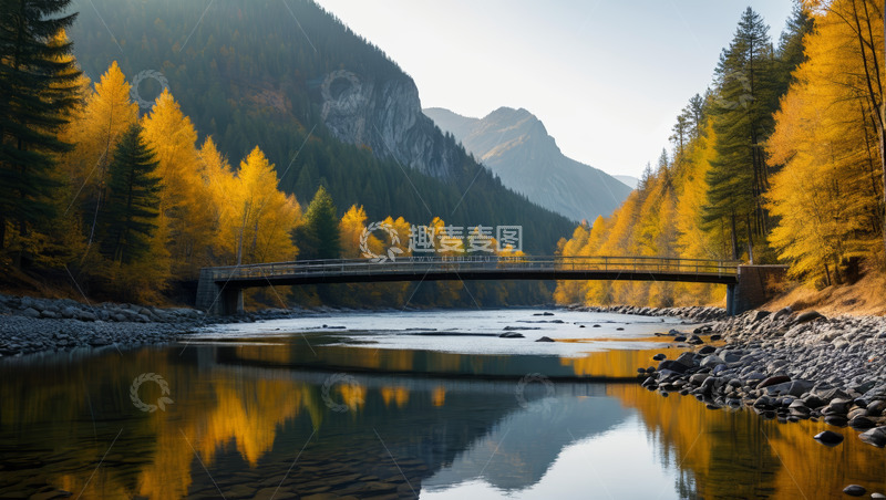 高清大图下载【趣麦麦图】秋景山林中的河流与桥梁