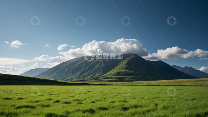高清大图下载【趣麦麦图】草原上的山脉与蓝天白云景观