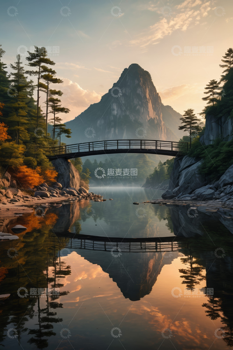 高清大图下载【趣麦麦图】山水间的木桥与自然景观