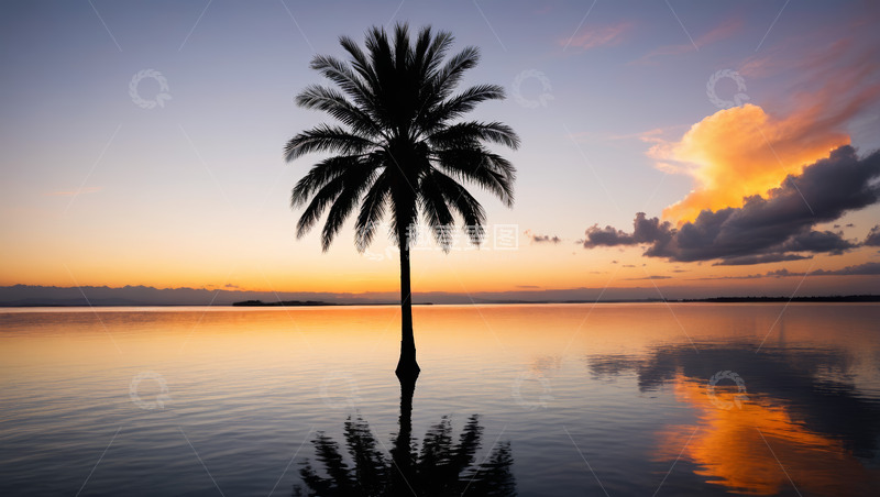 高清大图下载【趣麦麦图】夕阳下水中的单棵棕榈树