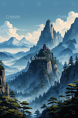 古风山水间的楼阁景观