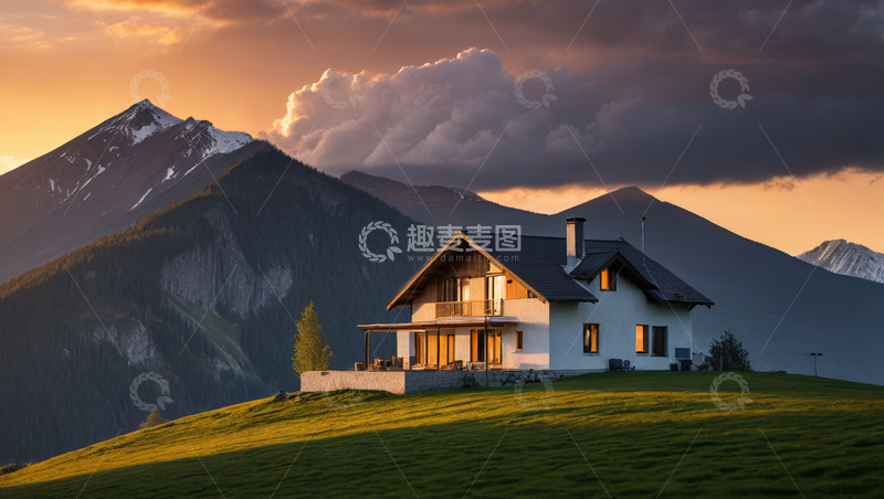 高清大图下载【趣麦麦图】山间小屋日落美景