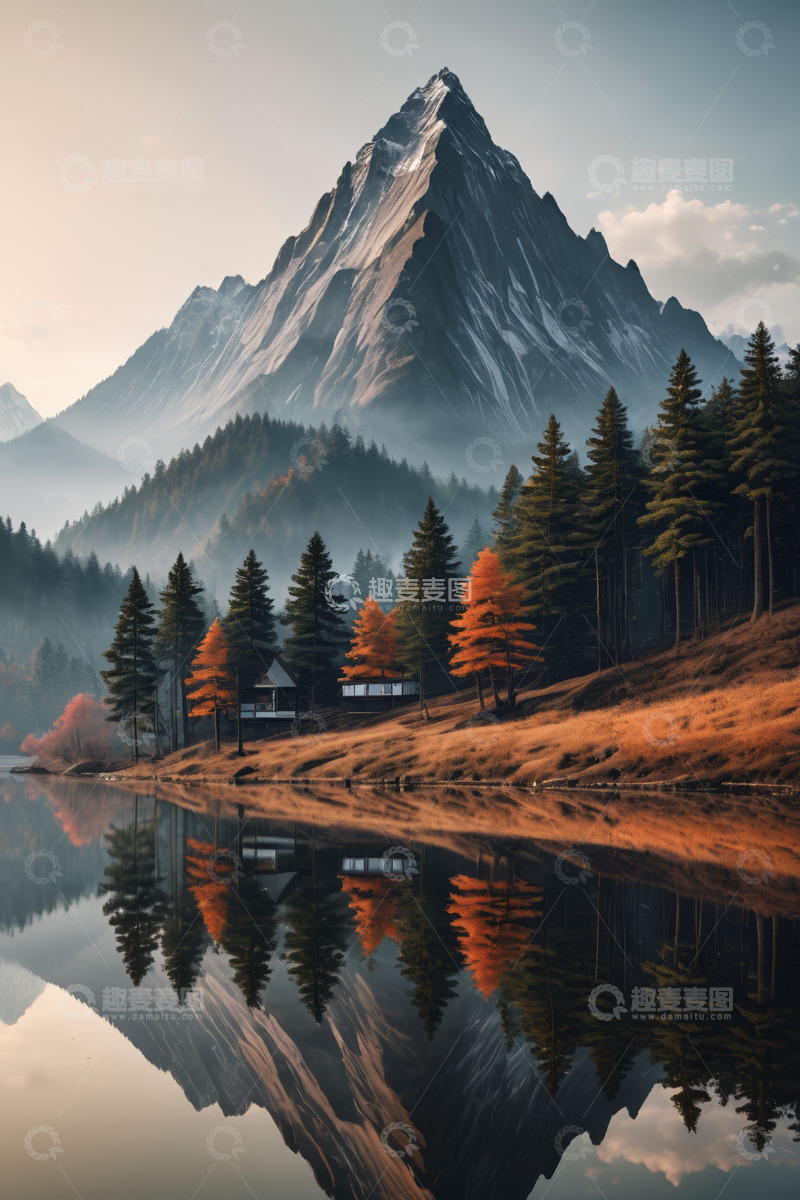 高清大图下载【趣麦麦图】湖畔山林与巍峨山峰风景