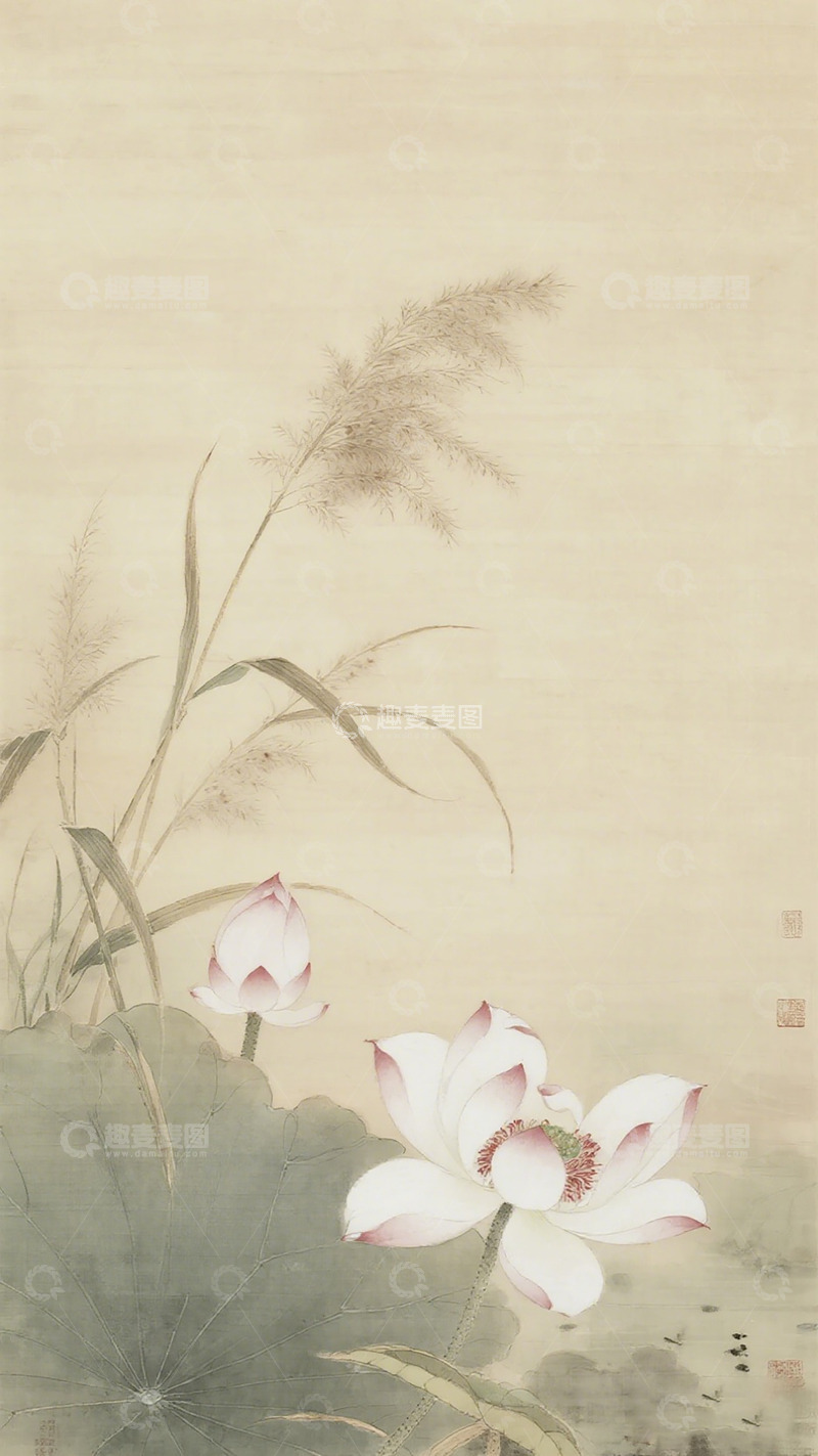 高清大图下载【趣麦麦图】工笔荷花淡雅水墨画