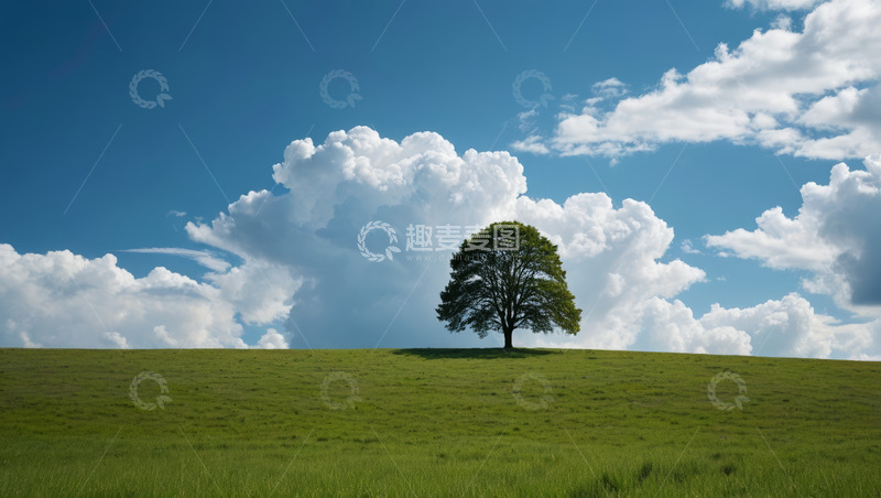 高清大图下载【趣麦麦图】草原上的孤树与蓝天白云