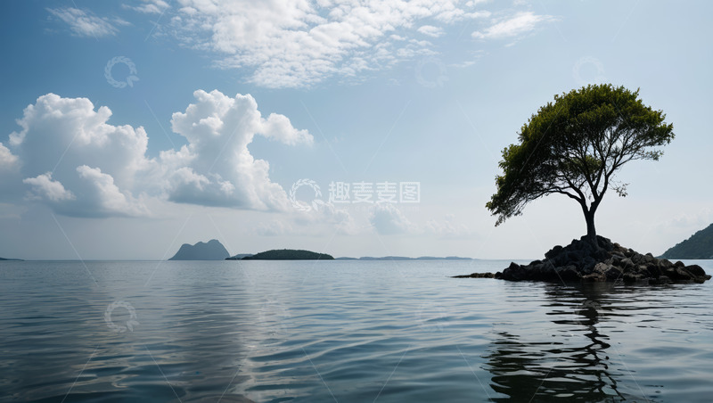 高清大图下载【趣麦麦图】孤树屹立于海上的自然景观