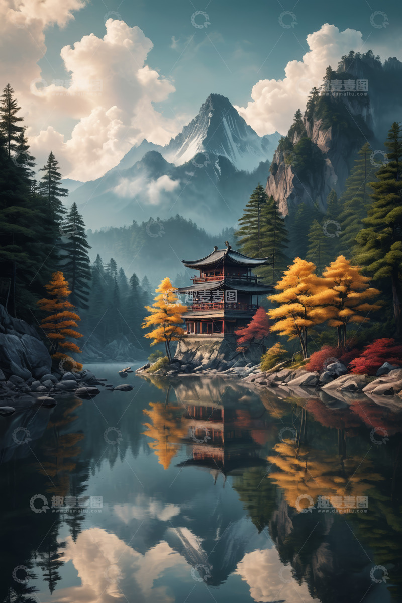 高清大图下载【趣麦麦图】山水间中式楼阁风景