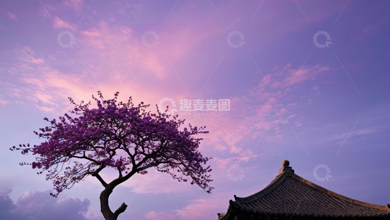 高清大图下载【趣麦麦图】古建筑旁盛开的紫色树木