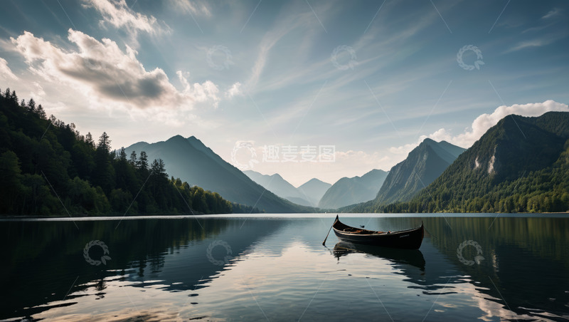 高清大图下载【趣麦麦图】湖面上的小船与远山风景