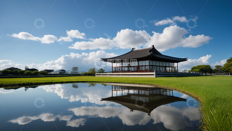 高清大图下载【趣麦麦图】中式建筑与草地池塘风景