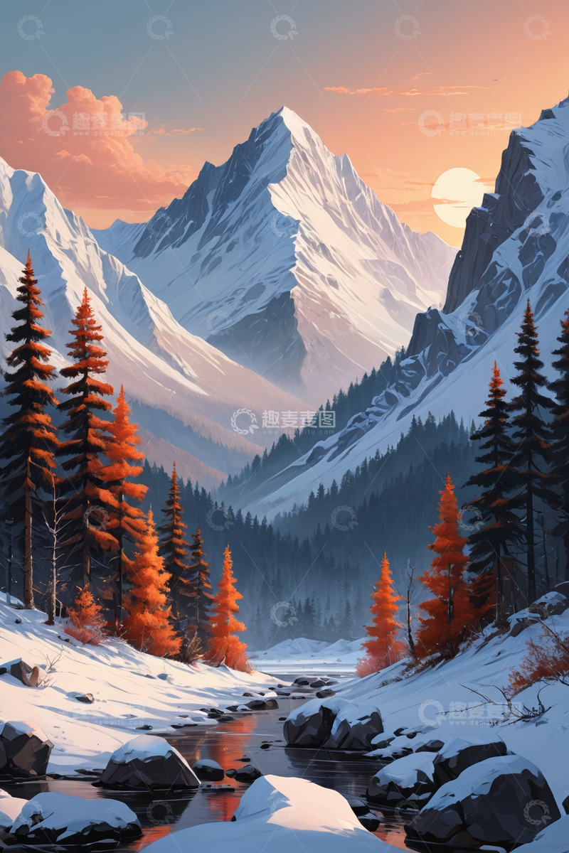 高清大图下载【趣麦麦图】雪山森林溪流自然风光