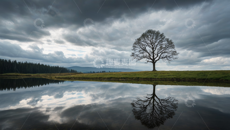 高清大图下载【趣麦麦图】湖畔孤树与阴云倒影风景