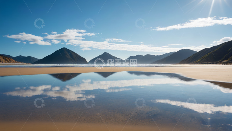 高清大图下载【趣麦麦图】海边沙滩与远山倒影风景