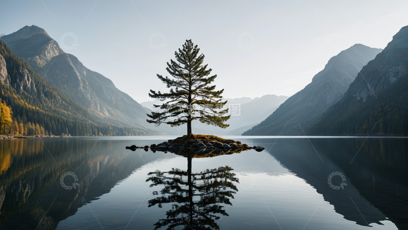 高清大图下载【趣麦麦图】湖心孤树与山水相映美景