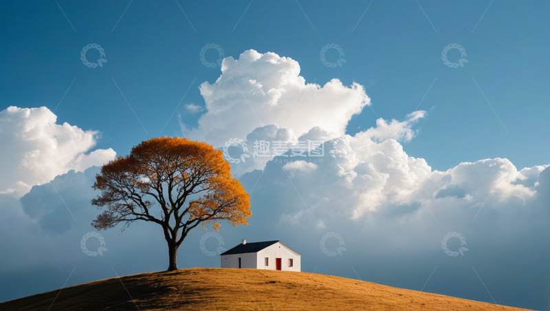 高清大图下载【趣麦麦图】原野上的小屋与金黄树木