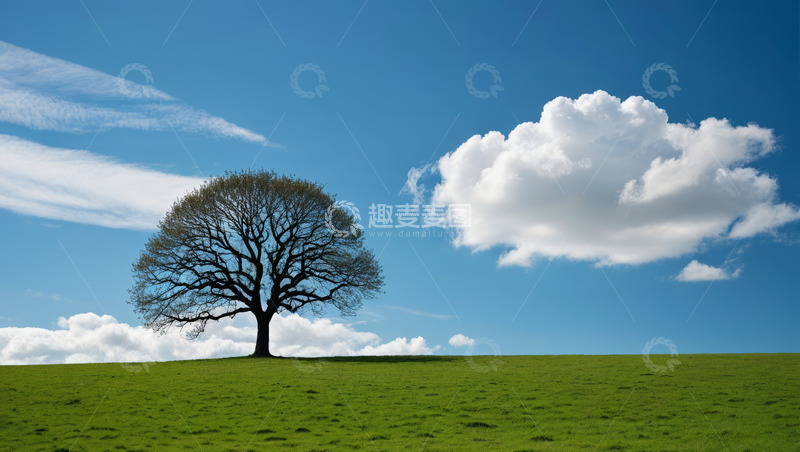 高清大图下载【趣麦麦图】草原上的单棵树木与蓝天