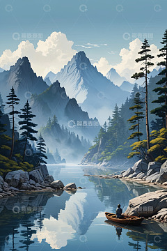 山水间孤舟垂钓自然风光