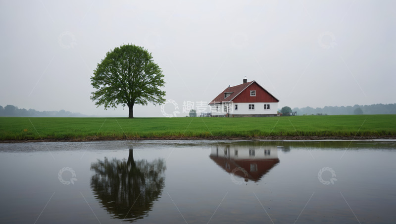 高清大图下载【趣麦麦图】湖畔绿树红顶小屋田园风景