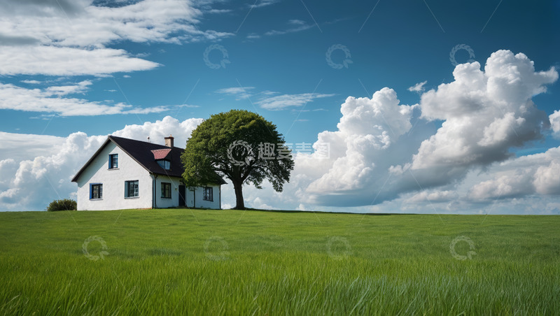 高清大图下载【趣麦麦图】草原上的独栋小屋与树木