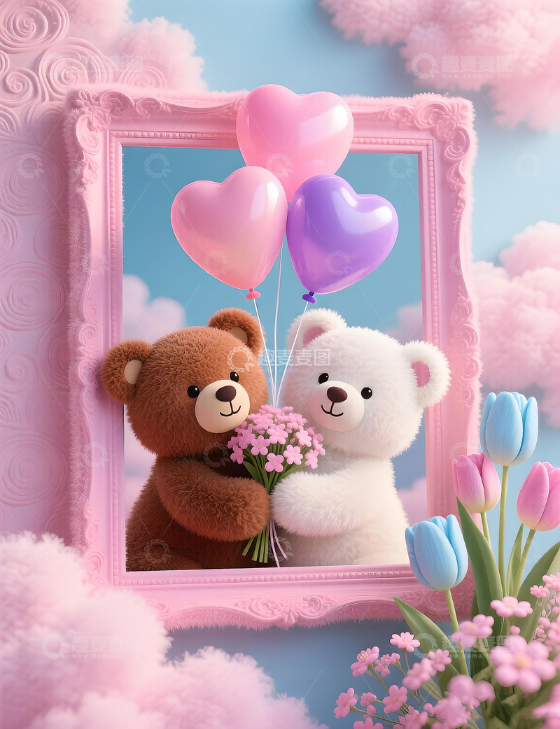 高清大图下载【趣麦麦图】可爱卡通熊气球花框插画素材立体3d