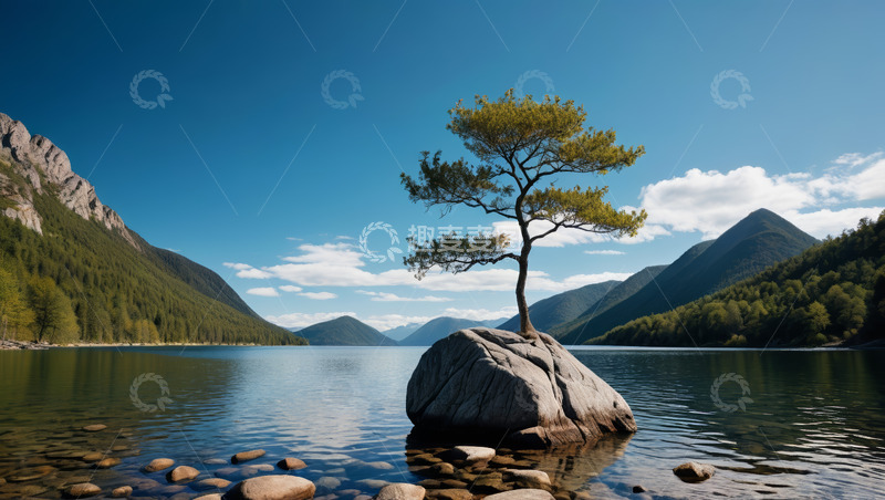 高清大图下载【趣麦麦图】湖畔孤树与山水风景